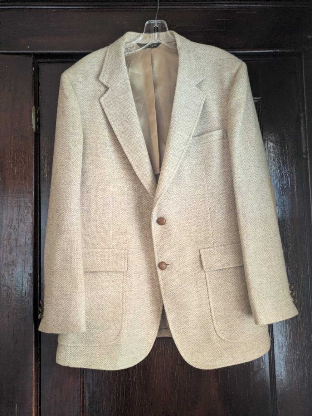 Adam's Row 100% Wool Tweed Herringbone 2-Button Blazer - Tan w/ Brown Elbow Pads